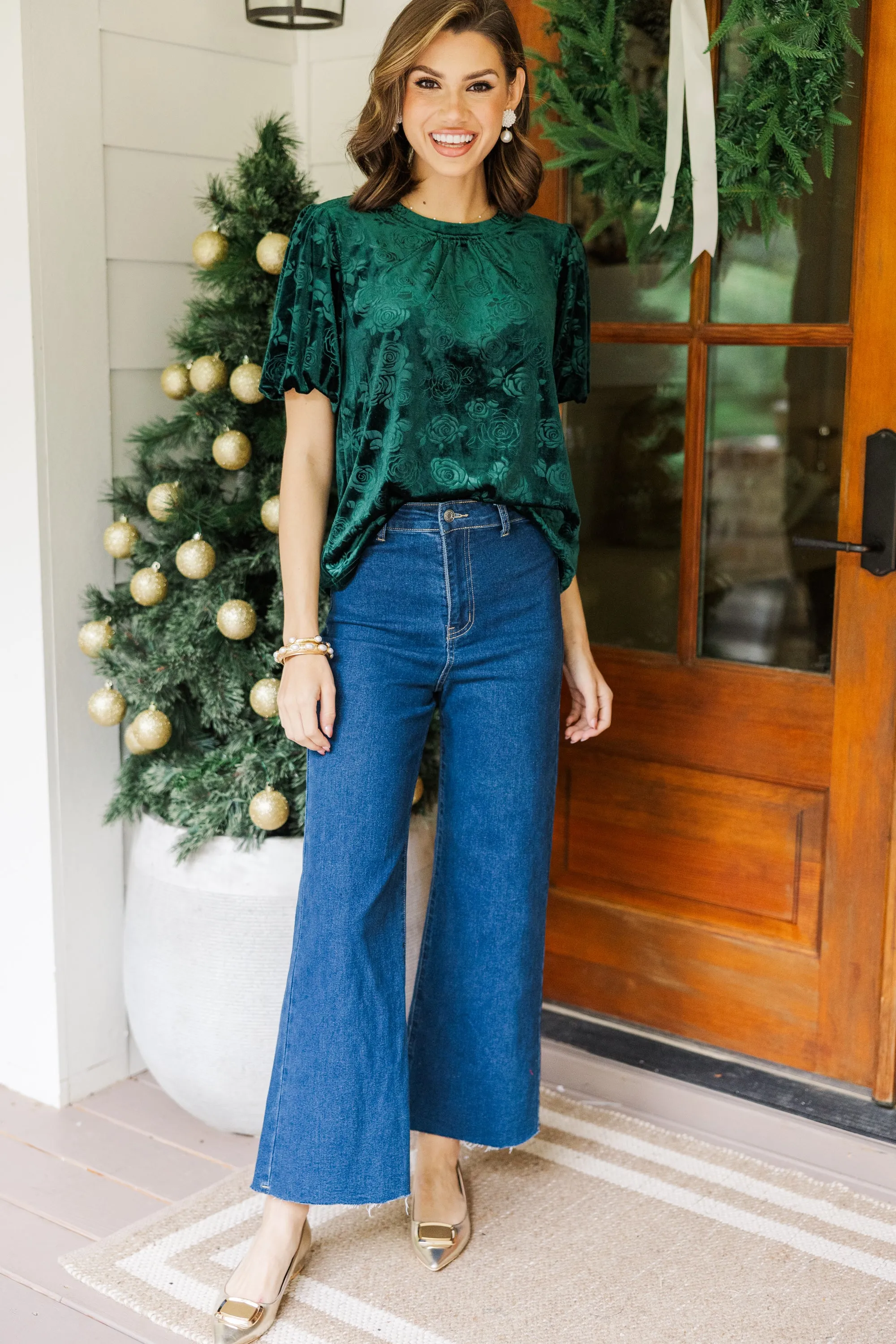 All In Emerald Green Floral Velvet Blouse