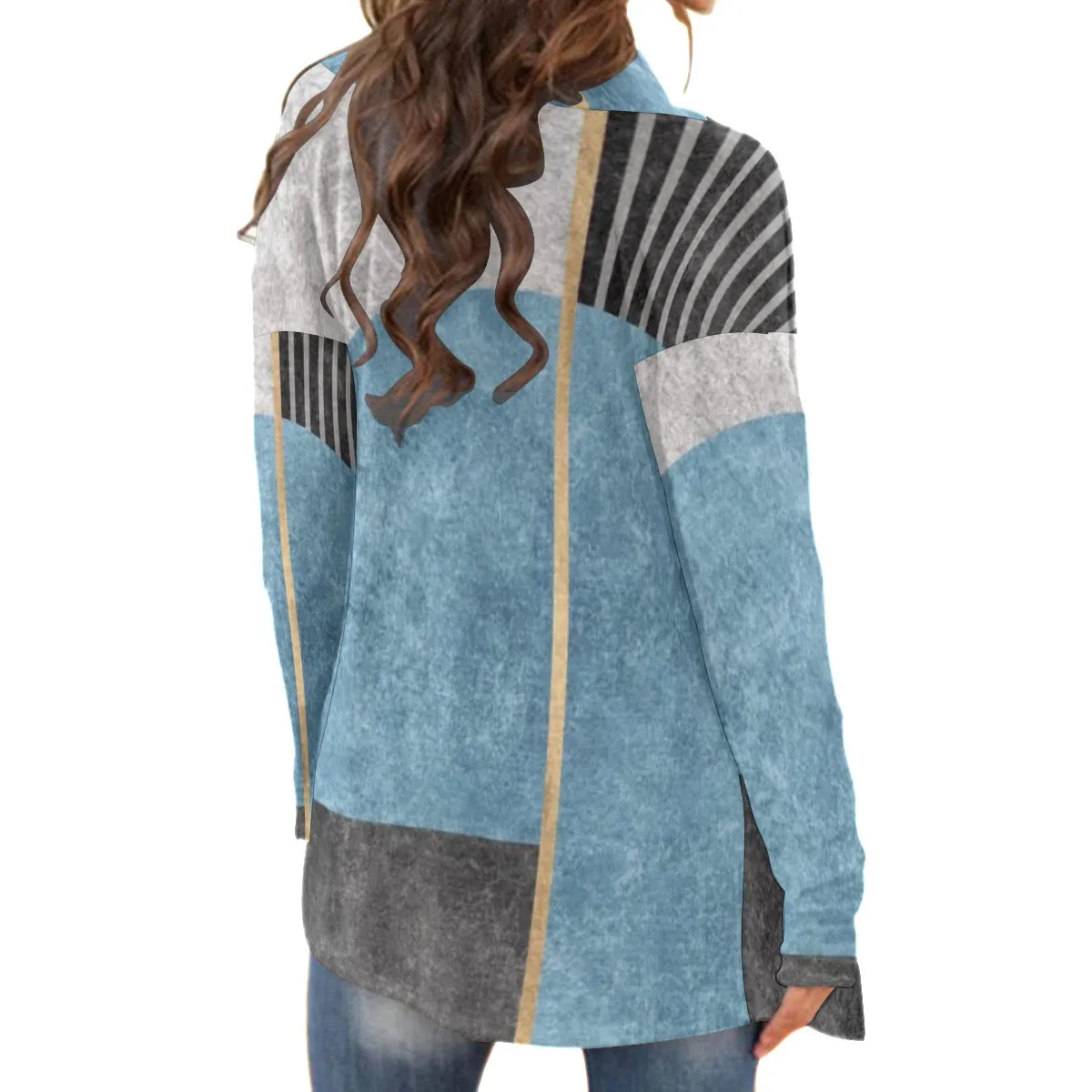 All-Over Print Women's Cardigan With Long Sleeve57 blue and black abstract print