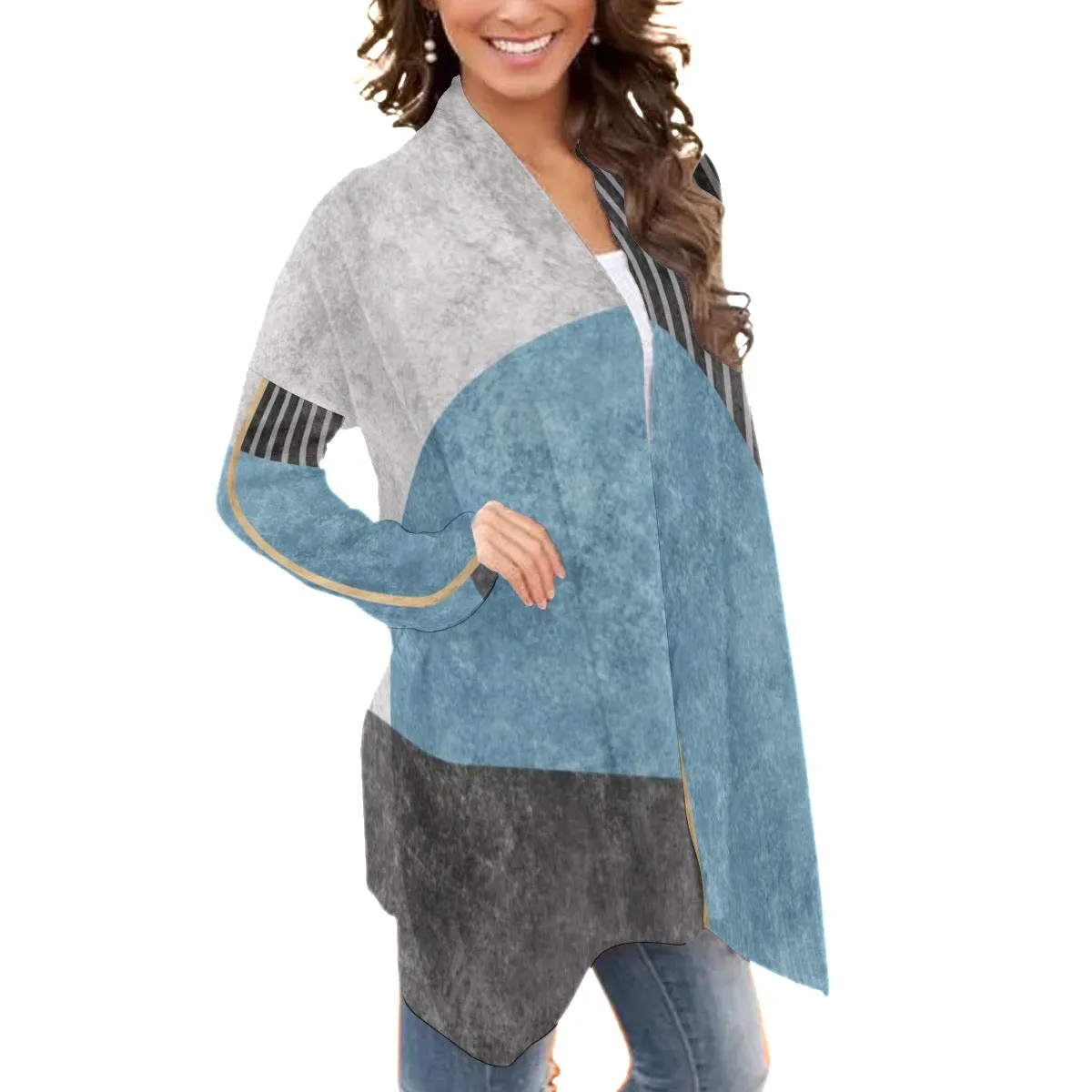 All-Over Print Women's Cardigan With Long Sleeve57 blue and black abstract print