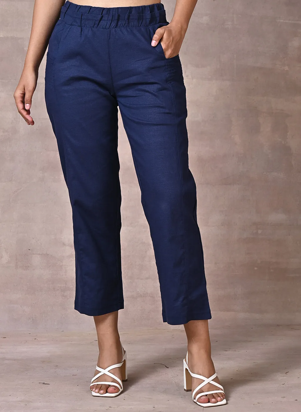 Ayeza Navy Blue Green Classic Fit Pants for Women