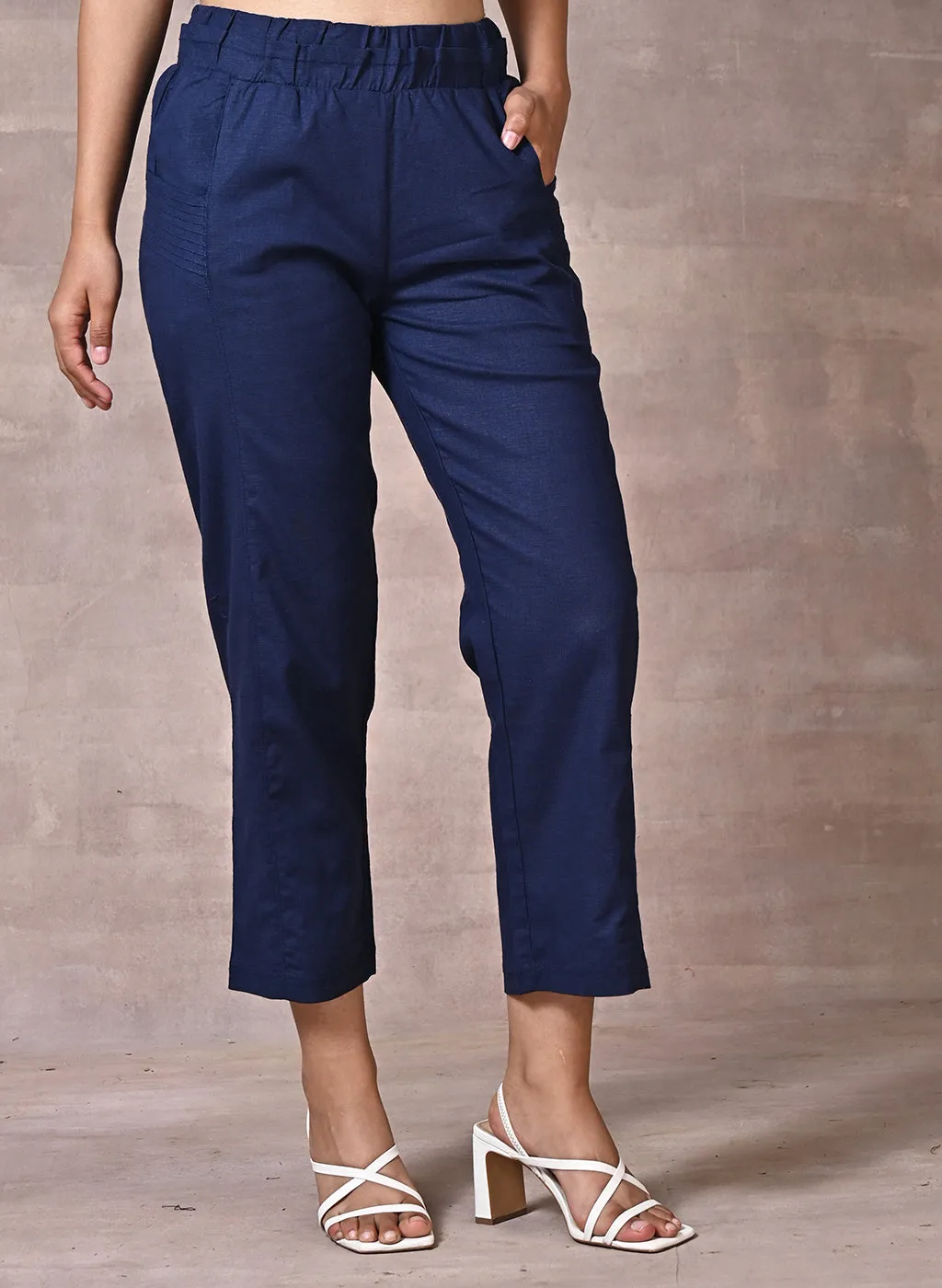 Ayeza Navy Blue Green Classic Fit Pants for Women