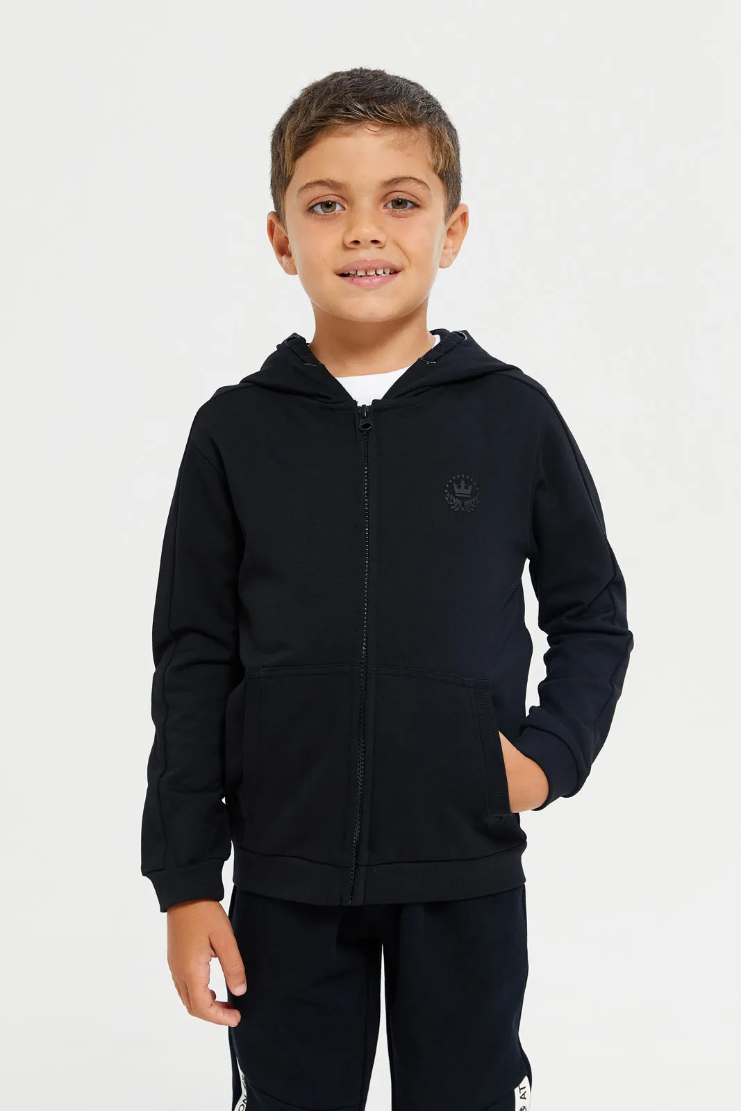 Boys Black Zipper Front Hooded Sweatshirt