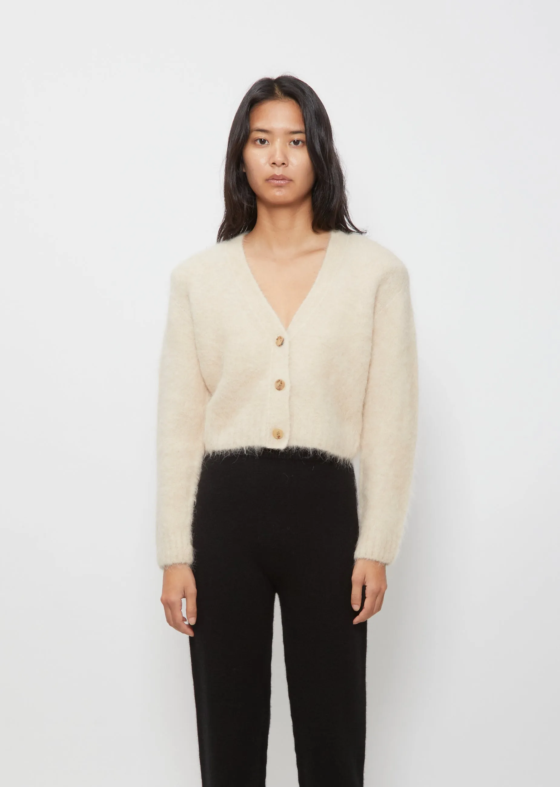 Cropped V-Neck Cardigan — Light Beige