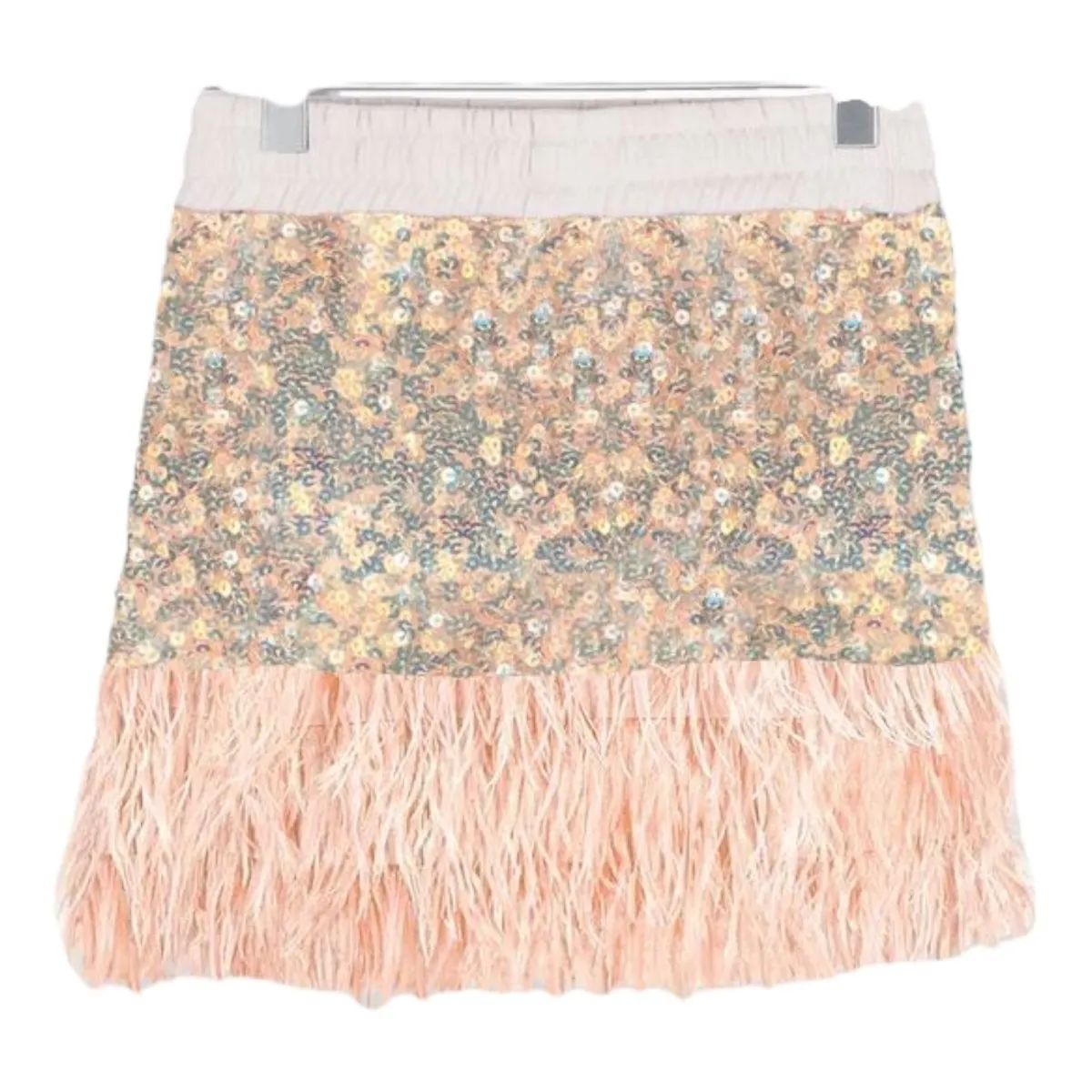 EMBELLISHED SEQUIN SKIRT W/ FEATHERS