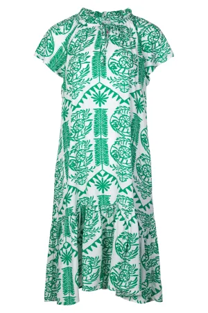 Frill neck Dress with hem tier | Green White Tile | 3350A1