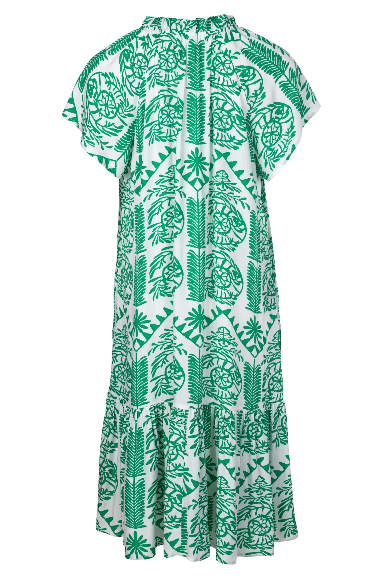 Frill neck Dress with hem tier | Green White Tile | 3350A1