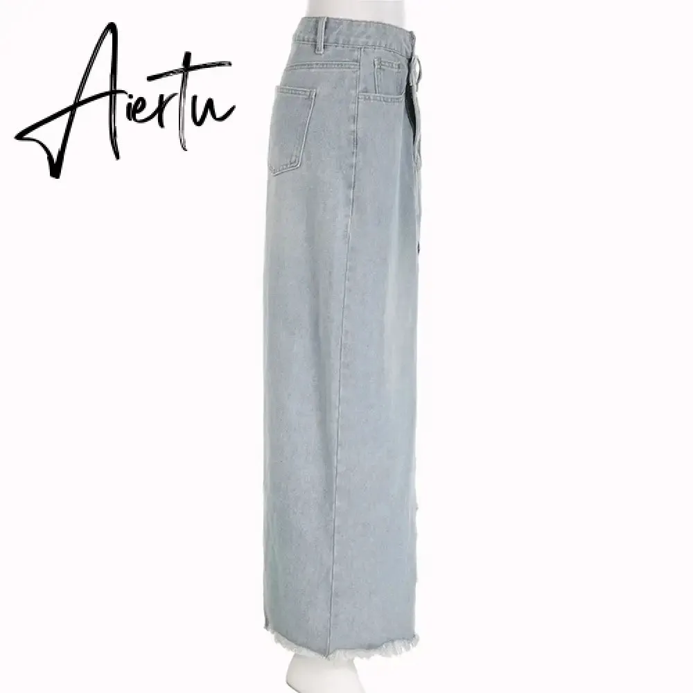 Irregular Ripped Denim Long Skirts y2k Chic Cutout Grunge 2000s Jeans Midi Skirts Women Casual Streetwear Fashion Korean