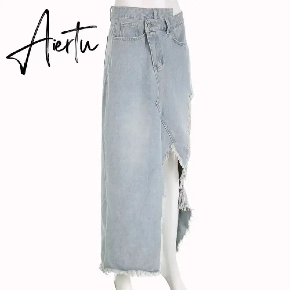 Irregular Ripped Denim Long Skirts y2k Chic Cutout Grunge 2000s Jeans Midi Skirts Women Casual Streetwear Fashion Korean