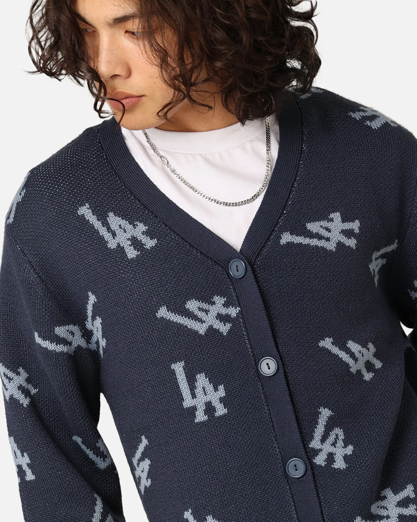 Majestic Athletic Los Angeles Dodgers Shaggy Knit Varsity Cardigan French Navy