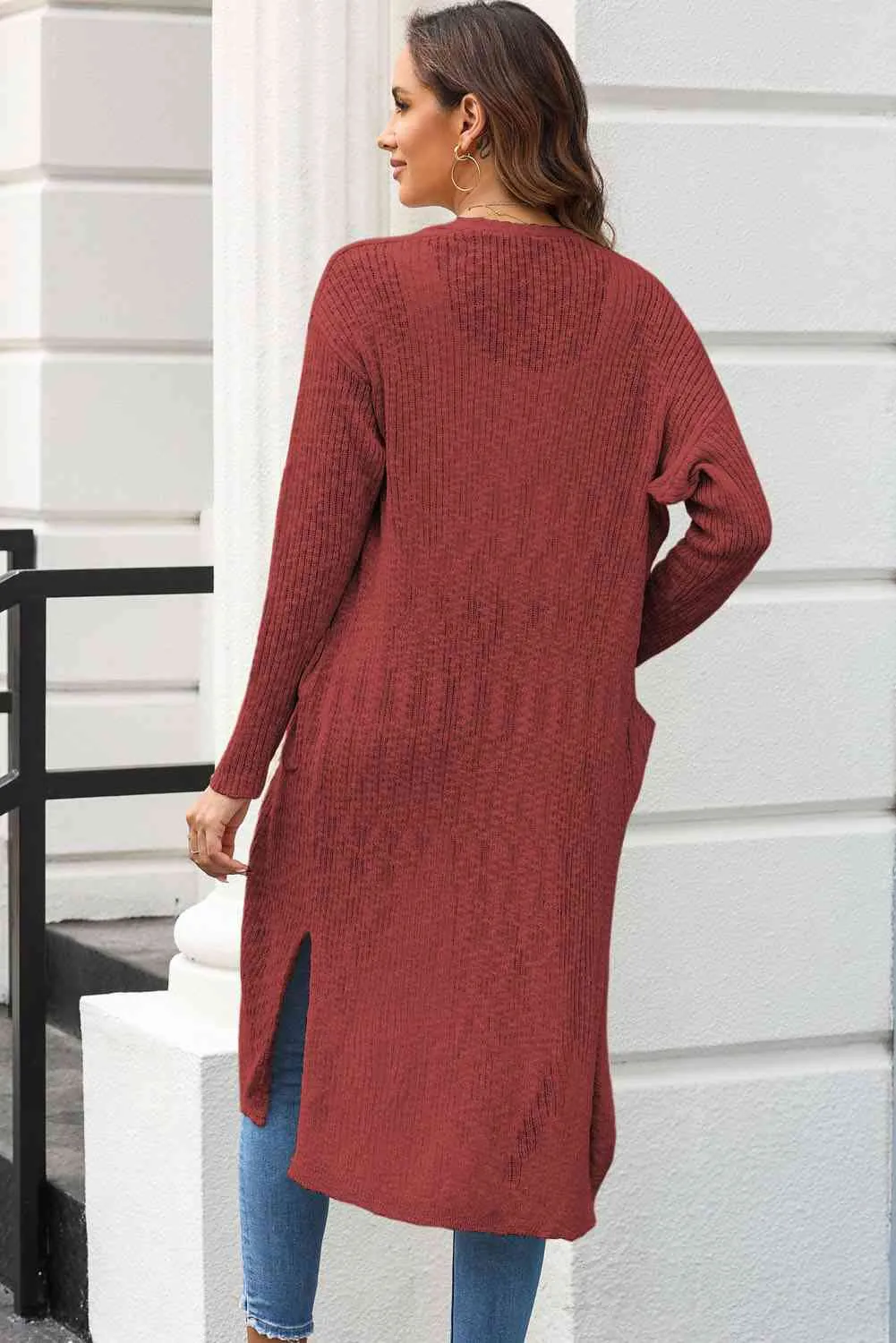 Open Front Slit Cardigan with Pockets