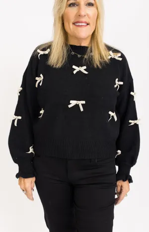 Perfectly Bowed Sweater Top, BLACK