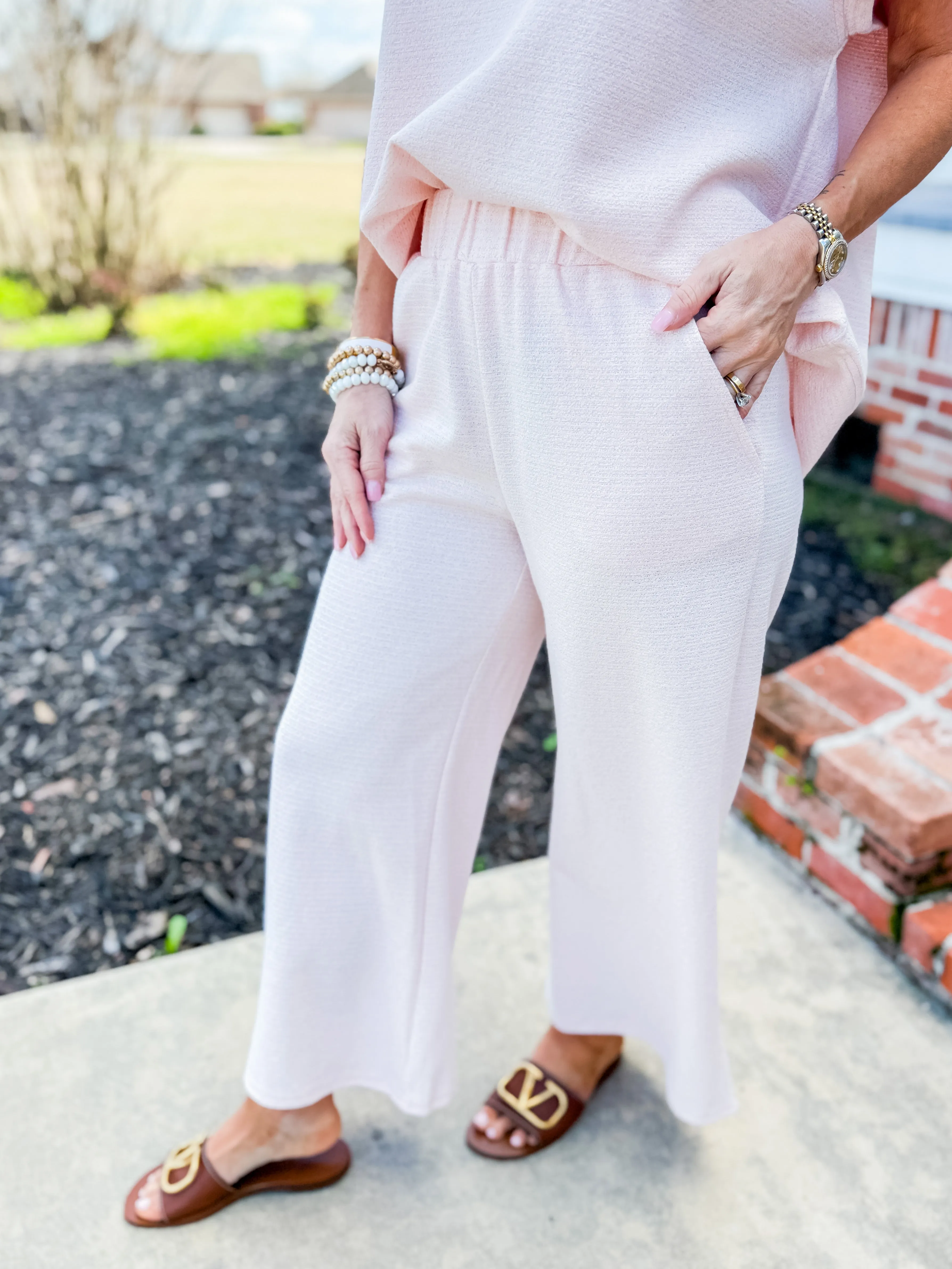 Pink Metallic Textured Short Sleeve & Pants Lounge Set