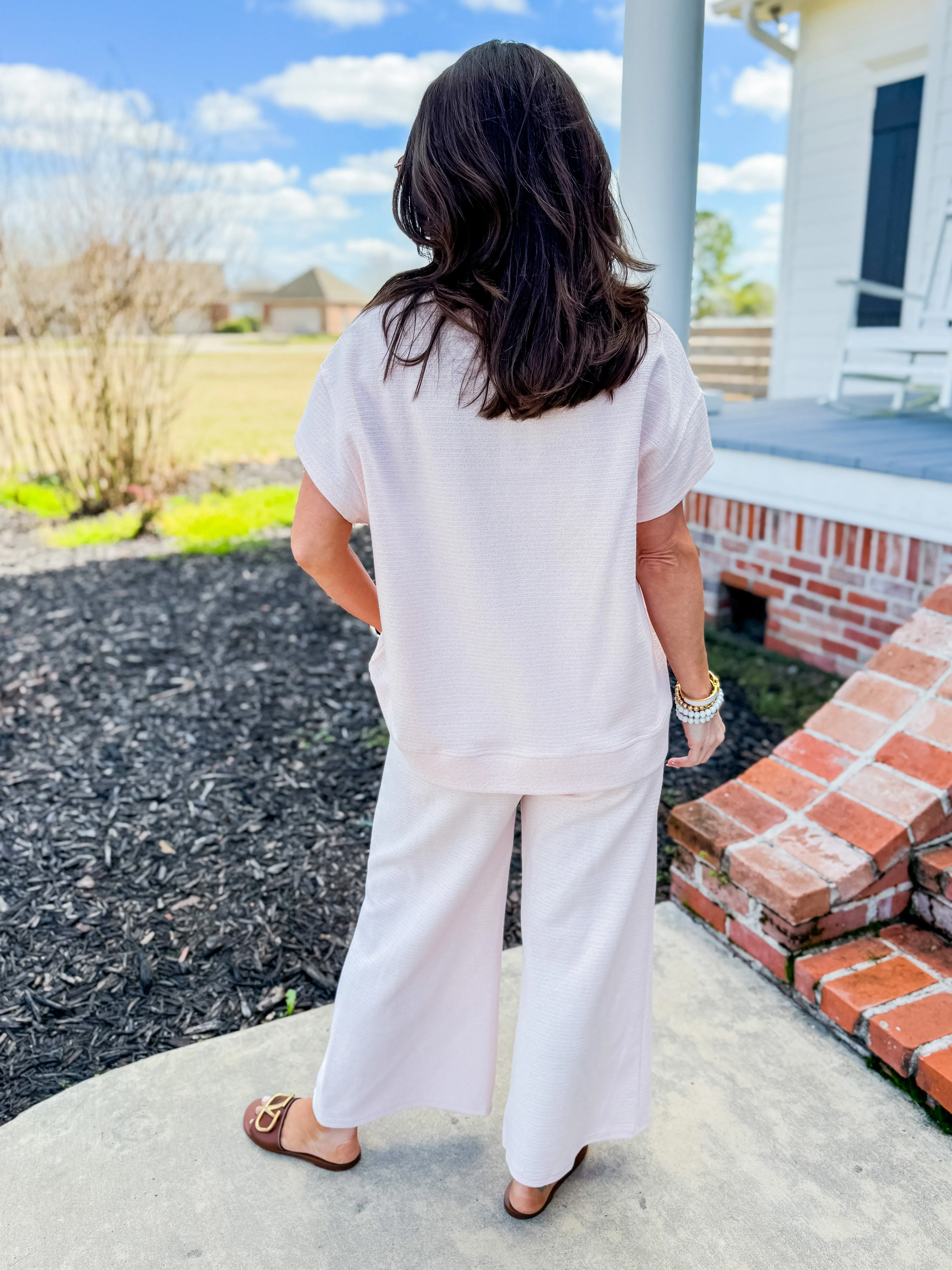 Pink Metallic Textured Short Sleeve & Pants Lounge Set