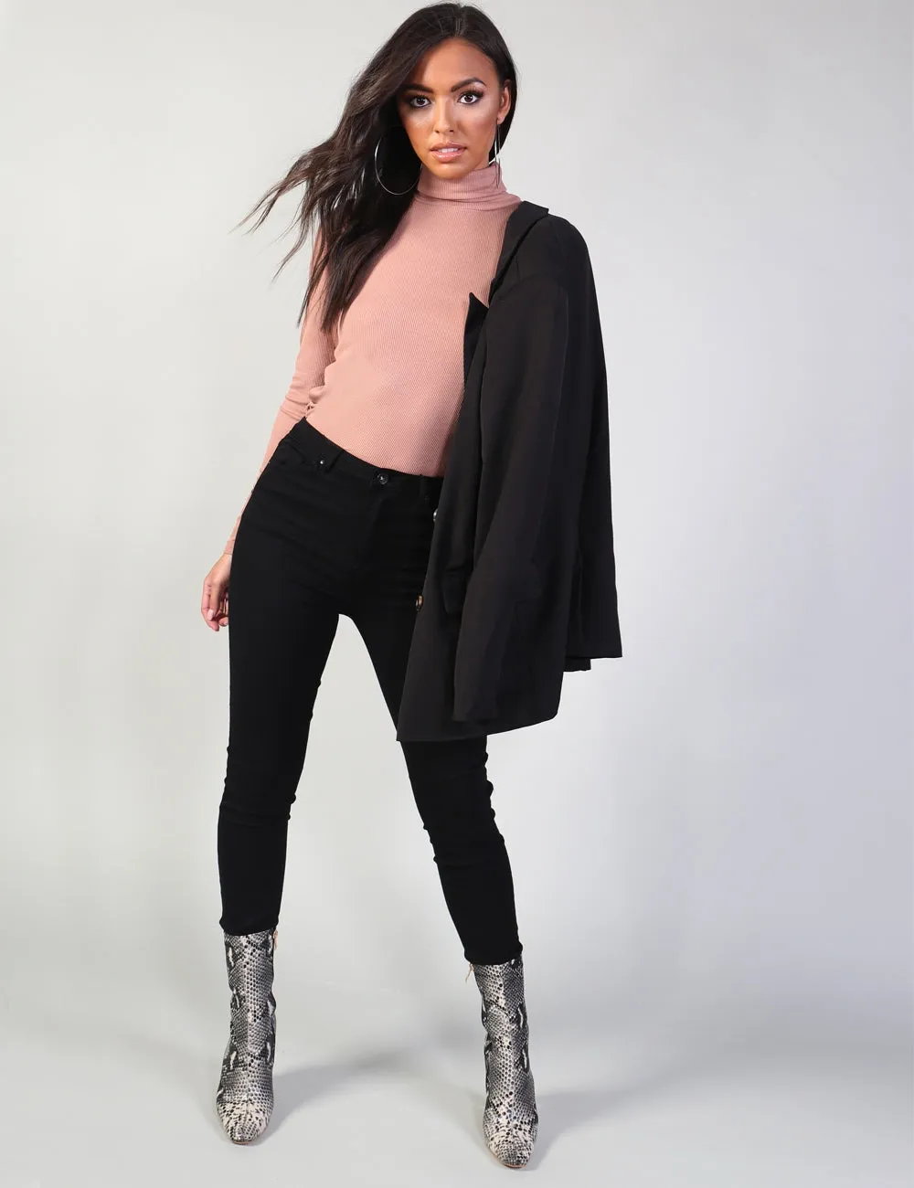 Pink Rib Roll Neck Top