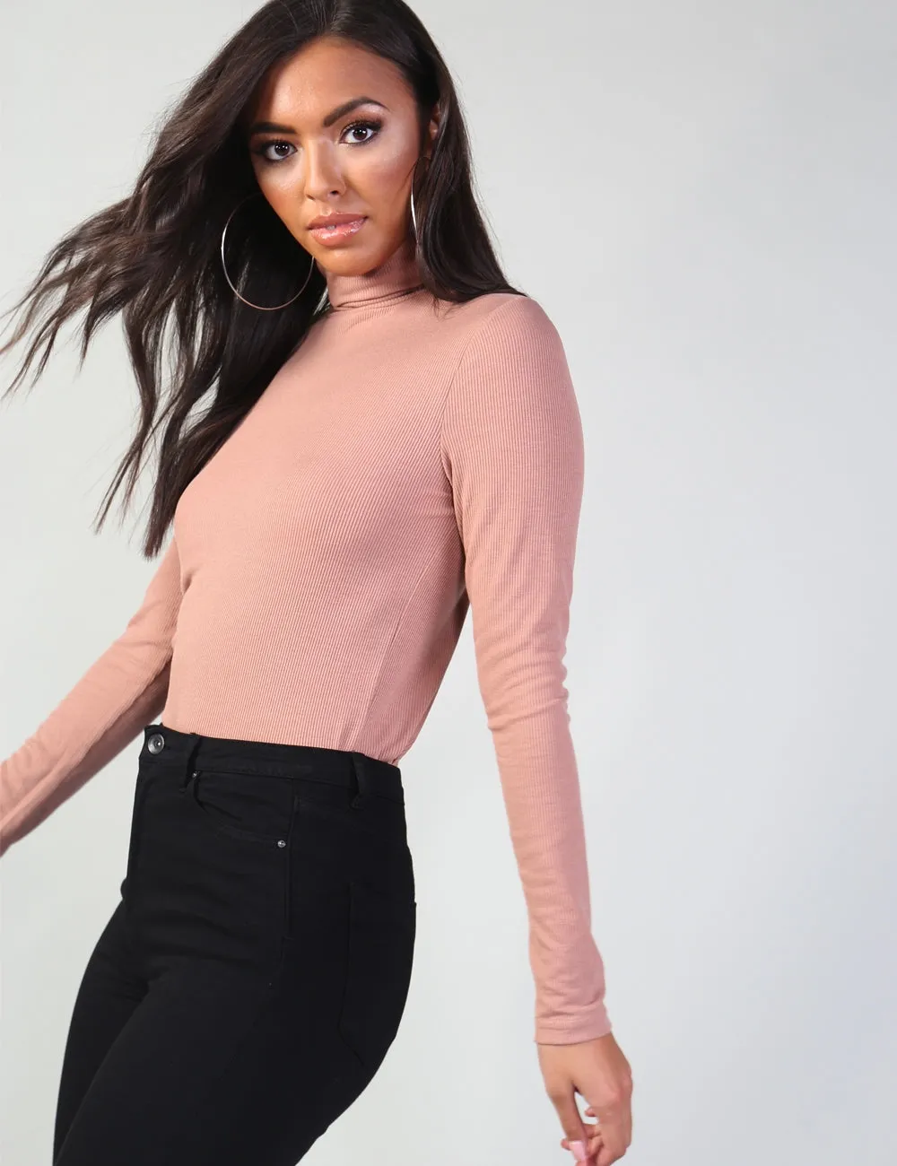 Pink Rib Roll Neck Top