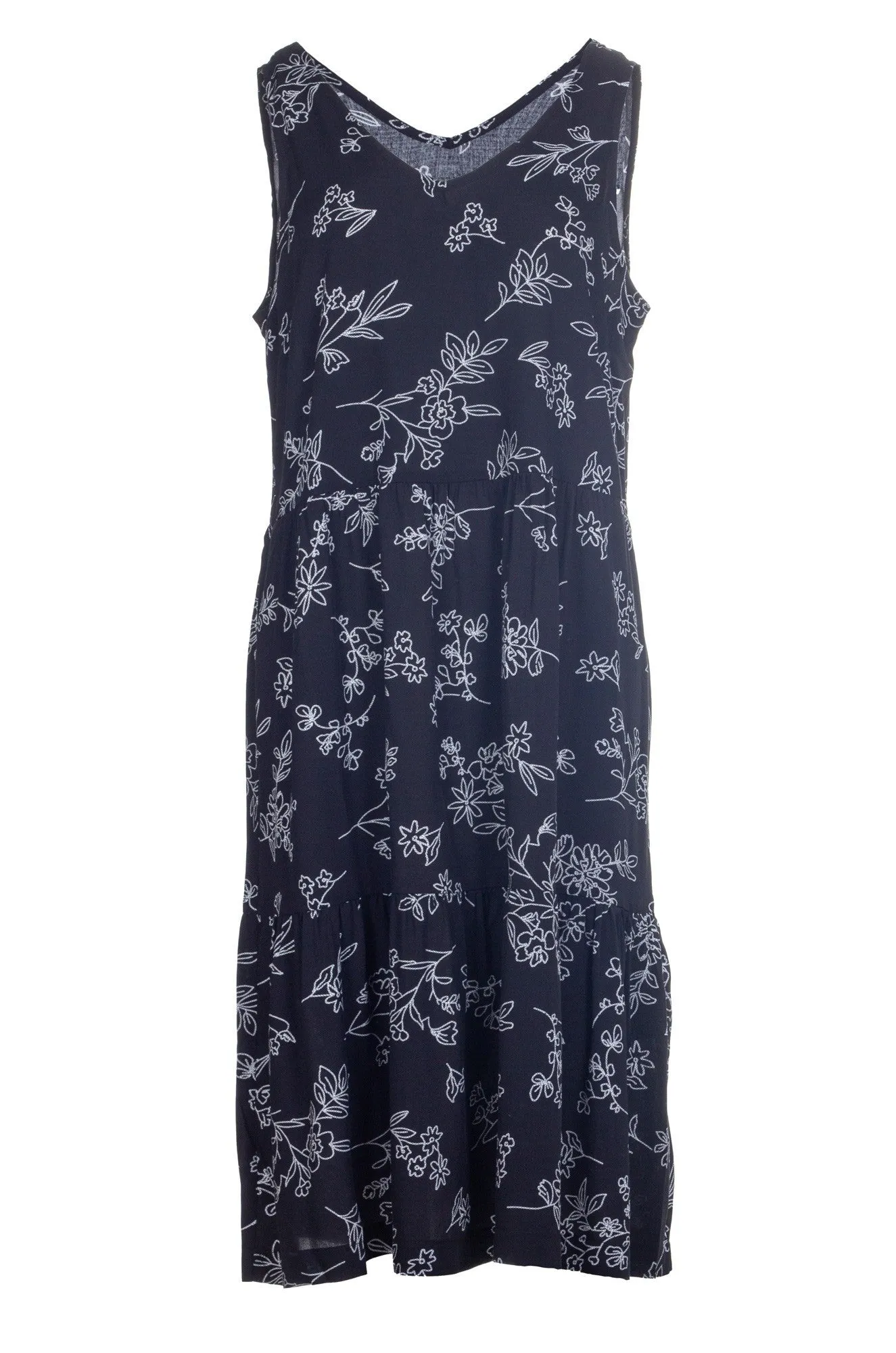 Printed Viscose sleeveless Dress | Blk Wht Stitch Floral | 3347A1