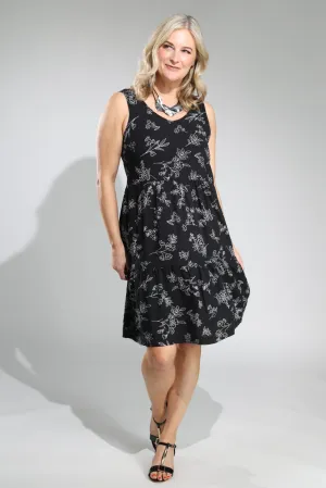 Printed Viscose sleeveless Dress | Blk Wht Stitch Floral | 3347A1