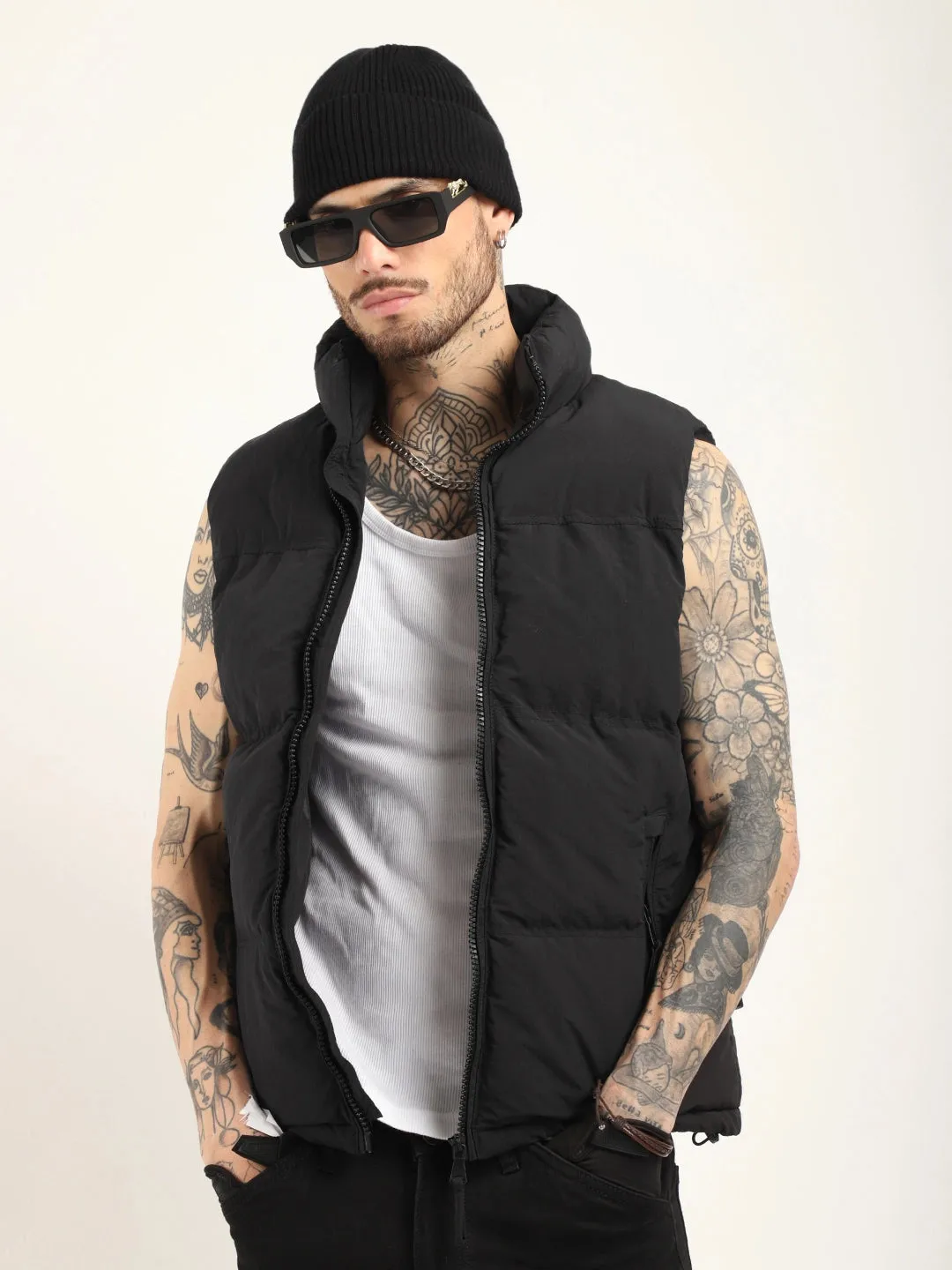 Quilted Gilet Cut Sleeves Black Puffer Jacket