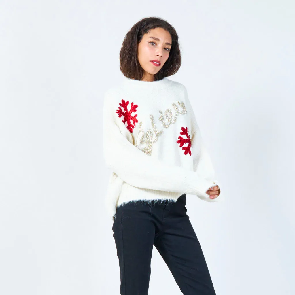 Sequin believe sweater with snowflakes wholesale