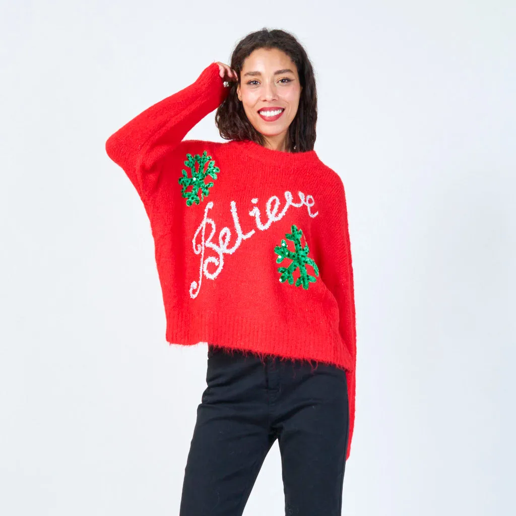 Sequin believe sweater with snowflakes wholesale