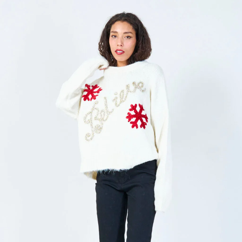 Sequin believe sweater with snowflakes wholesale