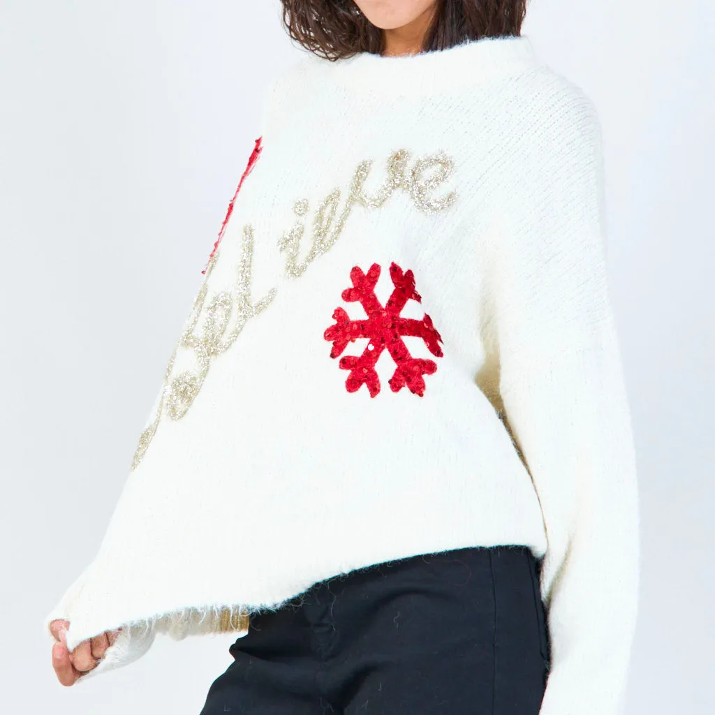 Sequin believe sweater with snowflakes wholesale