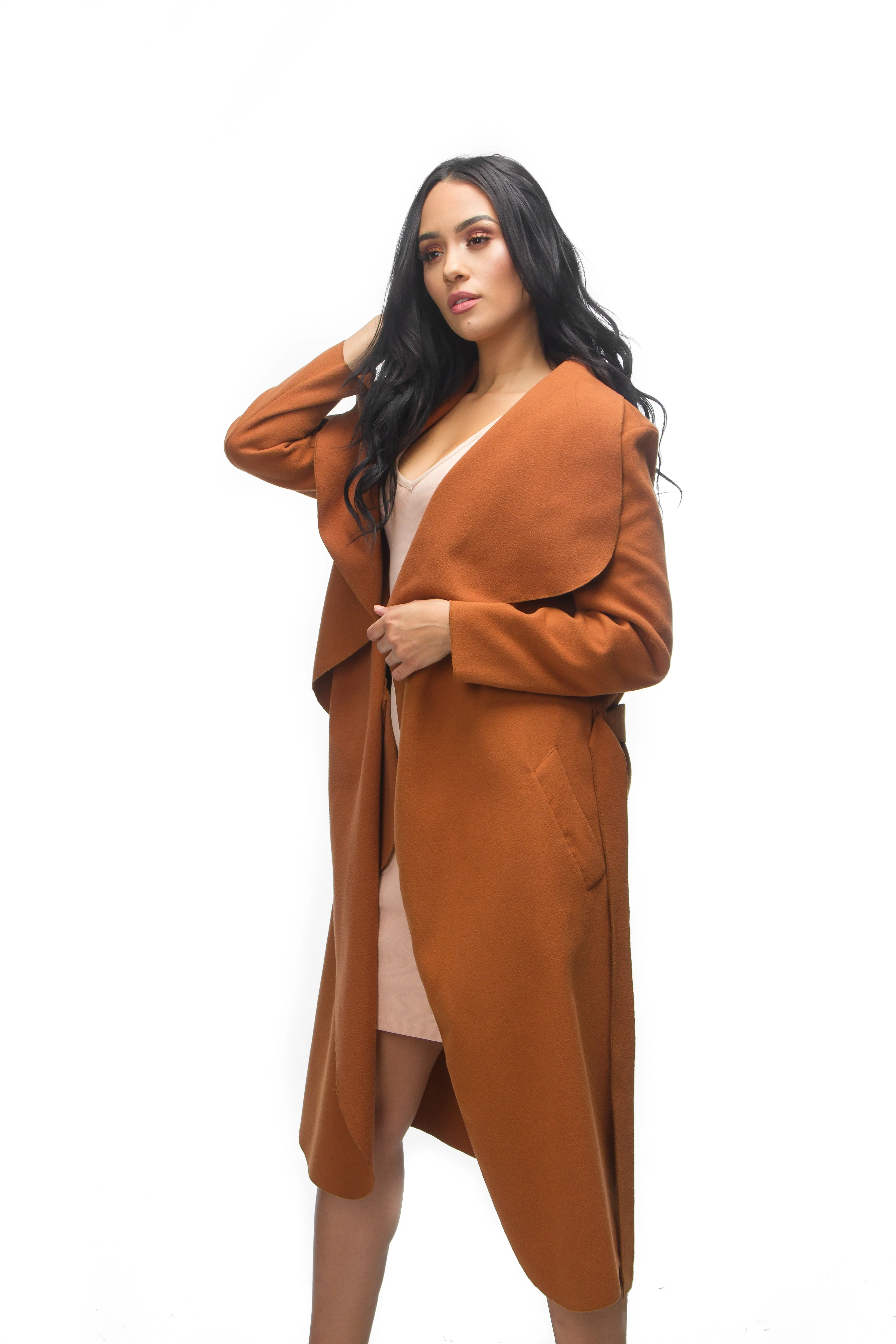 THE MYSTYLEMODE RUST CASCADING FRONT LONG TRENCH COAT