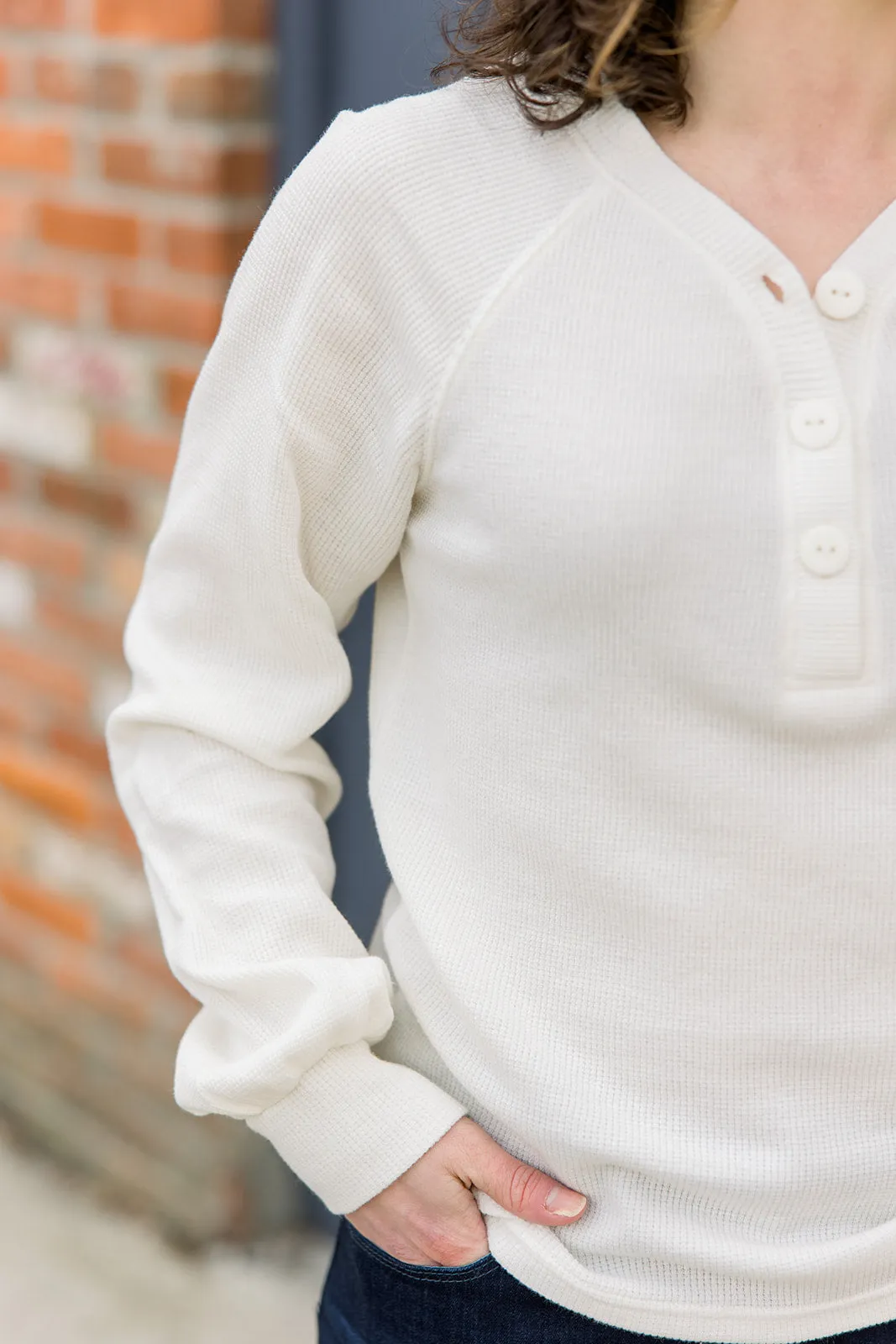 Waffle V-Neck Henley - Ivory