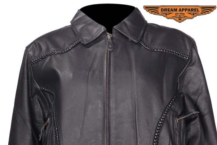 Womens Leather Jacket With Braid On Front & Back