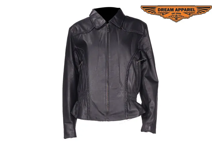 Womens Leather Jacket With Braid On Front & Back