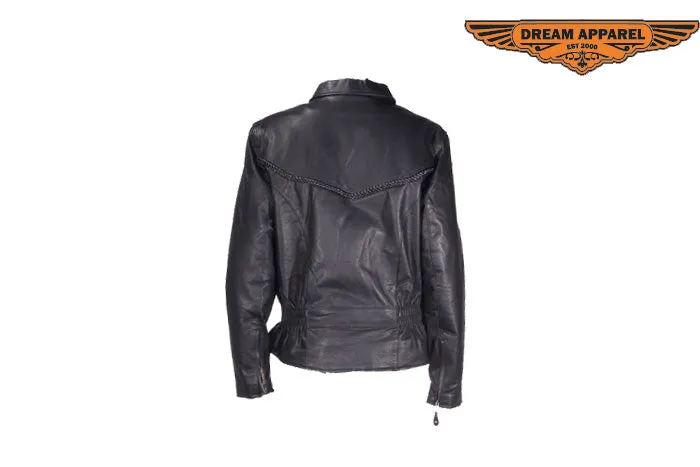 Womens Leather Jacket With Braid On Front & Back