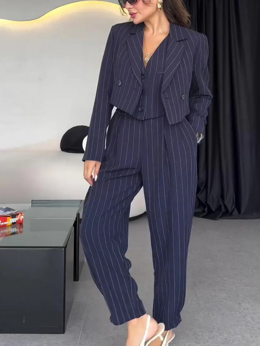 Women's Striped Vest & Short Blazer & High-waisted Pants Three-piece Set